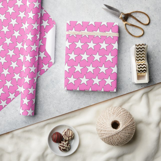 Hot Pink Birthday with white stars Wrapping Paper (Crafts)