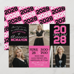 Hot Pink & Black 3 Photo Graduation Invitation