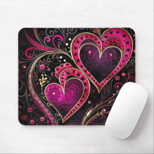 HOT PINK & BLACK ABSTRACT VALENTINES DAY HEARTS MOUSE PAD