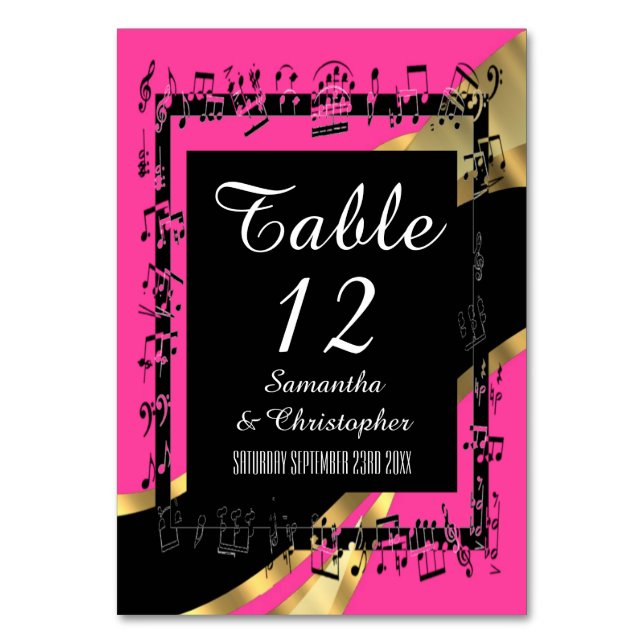 Hot pink, black and gold personalized number table number (Front)