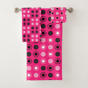 Hot pink, black and grey dots bath towel set