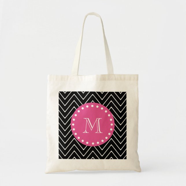 Hot Pink, Black and White Chevron | Your Monogram Tote Bag (Front)