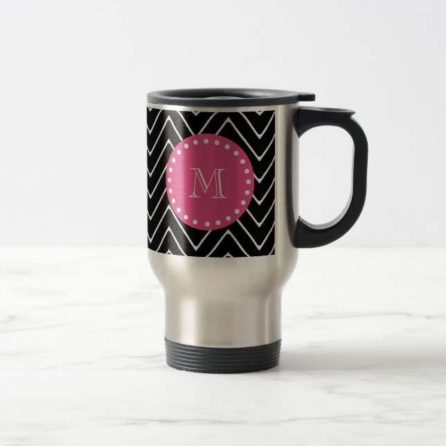 Hot Pink, Black and White Chevron | Your Monogram Travel Mug (Right)