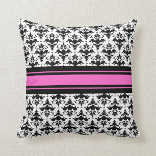 Hot Pink, Black and White French Damask Throw Pillow
