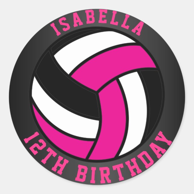 Hot Pink, Black and White Volleyball Birthday Classic Round Sticker (Front)