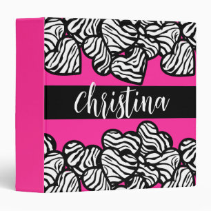 Hot pink black and white zebra pattern heart name  binder