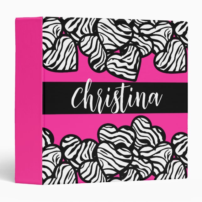 Hot pink black and white zebra pattern heart name  binder (Front/Spine)