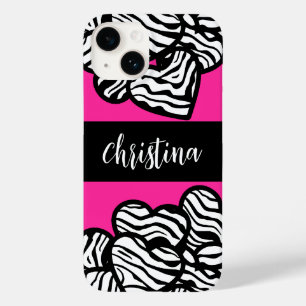 Hot pink black and white zebra pattern heart name  Case-Mate iPhone 14 case