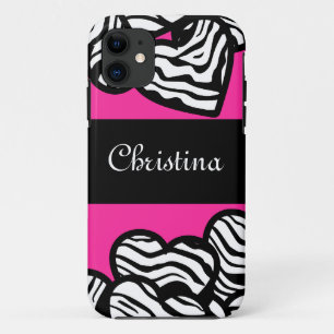 Hot pink black and white zebra pattern heart name  iPhone 11 case