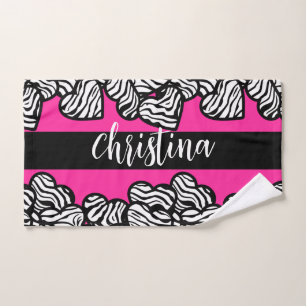 Hot pink black and white zebra pattern heart name  hand towel