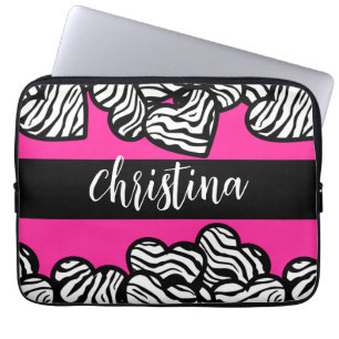 Hot pink black and white zebra pattern heart name  laptop sleeve