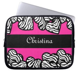 Hot pink black and white zebra pattern heart name  laptop sleeve
