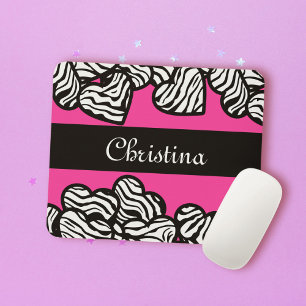 Hot pink black and white zebra pattern heart name mouse pad