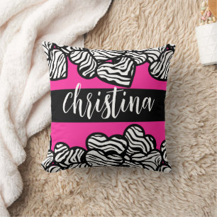 Hot pink black and white zebra pattern heart name  throw pillow