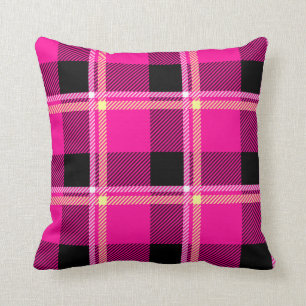 Hot Pink, Black and Yellow Plaid Throw Pillow