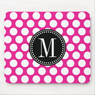 Hot Pink & Black Big Polka Dots Monogrammed Mouse Pad