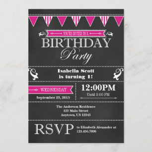 Hot Pink Black Chalkboard Birthday Invitation