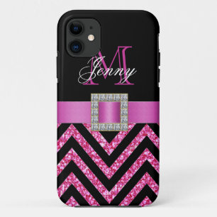 HOT PINK BLACK CHEVRON GLITTER GIRLY iPhone 11 CASE