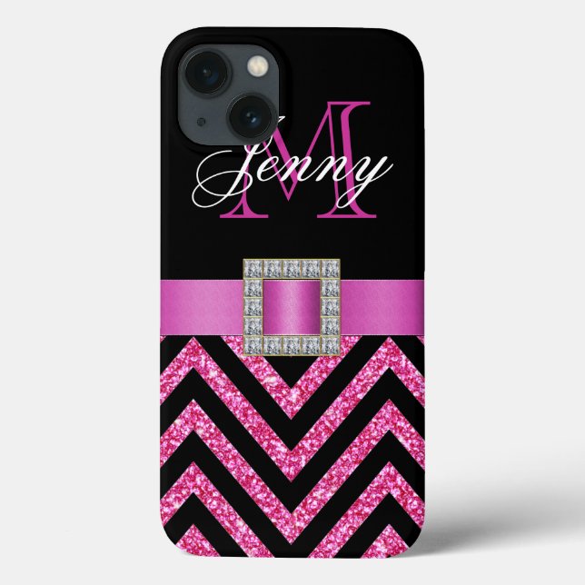 HOT PINK BLACK CHEVRON GLITTER GIRLY Case-Mate iPhone CASE (Back)