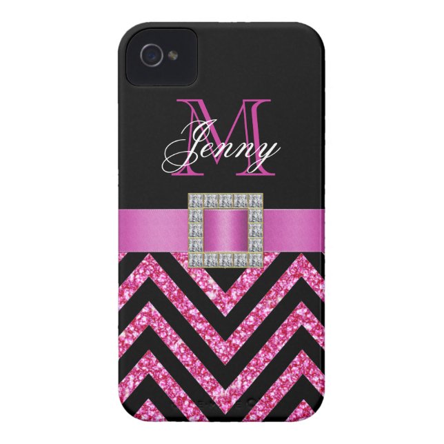 HOT PINK BLACK CHEVRON GLITTER GIRLY Case-Mate iPhone CASE (Back)
