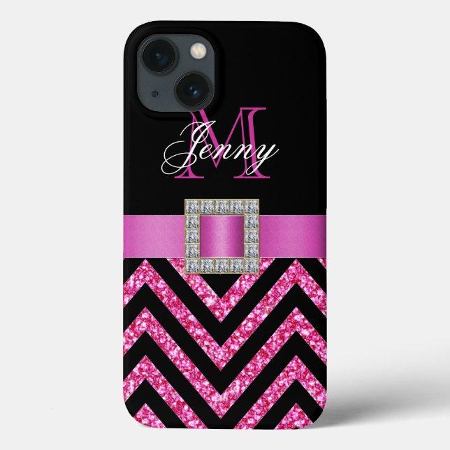 HOT PINK BLACK CHEVRON GLITTER GIRLY Case-Mate iPhone CASE (Back)