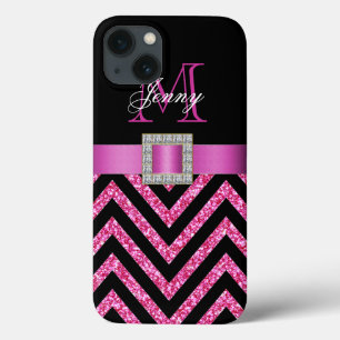 HOT PINK BLACK CHEVRON GLITTER GIRLY iPhone 13 CASE