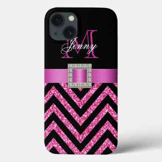 HOT PINK BLACK CHEVRON GLITTER GIRLY iPhone 13 CASE