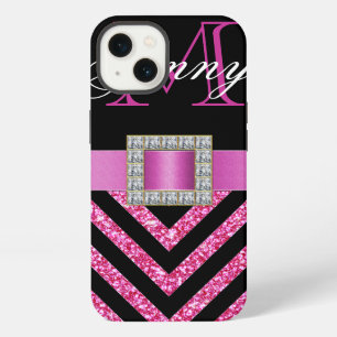 HOT PINK BLACK CHEVRON GLITTER GIRLY iPhone 13 CASE