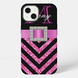HOT PINK BLACK CHEVRON GLITTER GIRLY iPhone 13 CASE