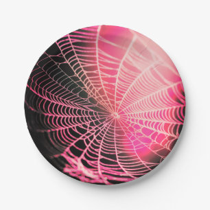 Hot Pink Black Creepy Spooky Spider Web Paper Plate