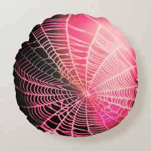 Hot Pink Black Creepy Spooky Spider Web Round Pillow