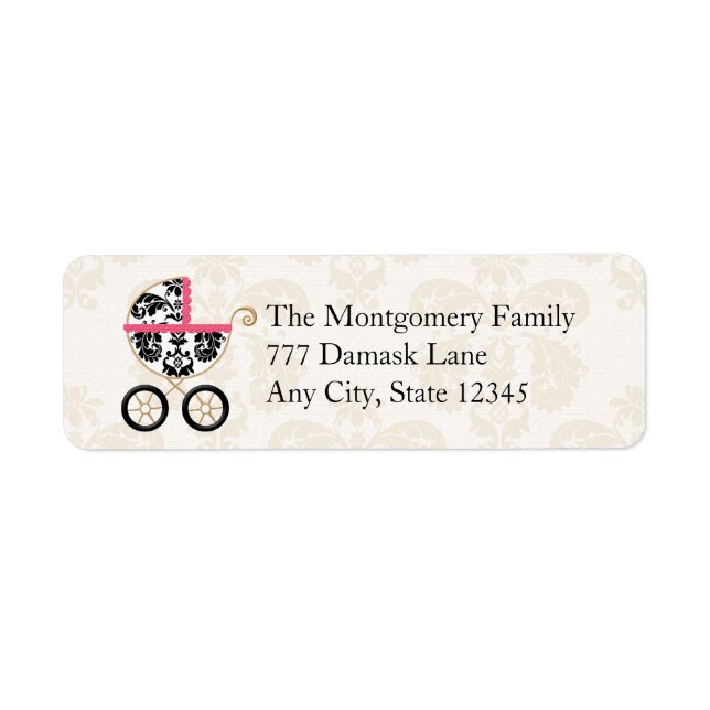 HOT PINK BLACK DAMASK BABY CARRIAGE RETURN ADDRESS (Front)