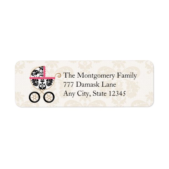HOT PINK BLACK DAMASK BABY CARRIAGE RETURN ADDRESS RETURN ADDRESS LABEL