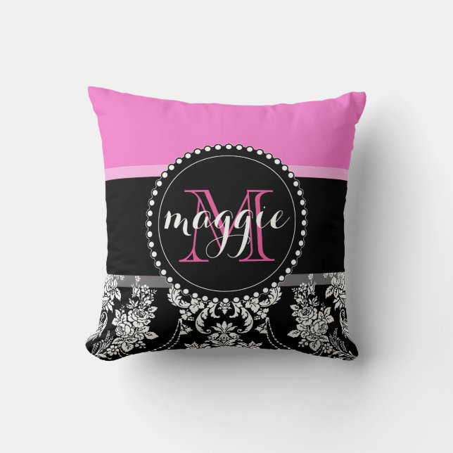 Hot Pink Black Damask Girly Monogram Pattern Throw Pillow (Front)