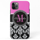 Hot Pink Black Damask Monogram Name