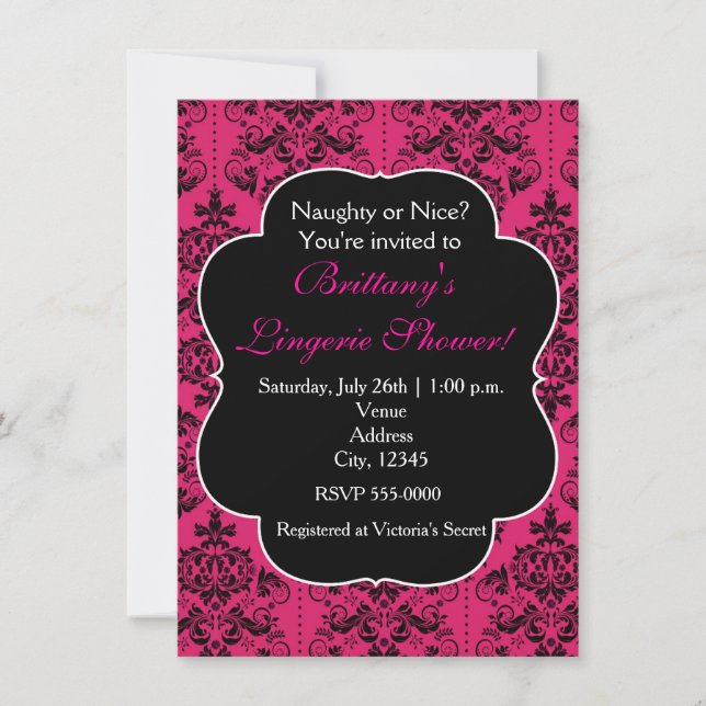 Hot Pink & Black Damask Party Invitation (Front)
