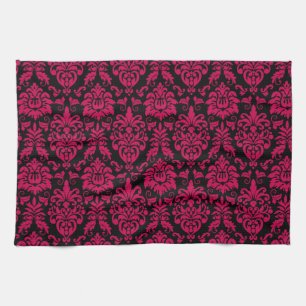 Hot Pink Black Damask Pattern Kitchen Towel