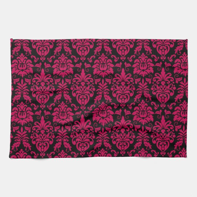 Hot Pink Black Damask Pattern Kitchen Towel (Horizontal)