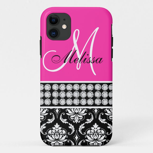 Hot Pink, Black Damask Printed Diamonds Case-Mate iPhone Case (Back)