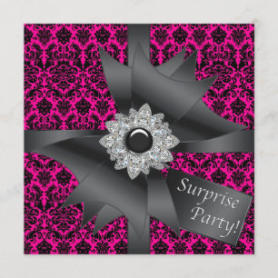 Hot Pink Black Damask Surprise Birthday Party Invitation
