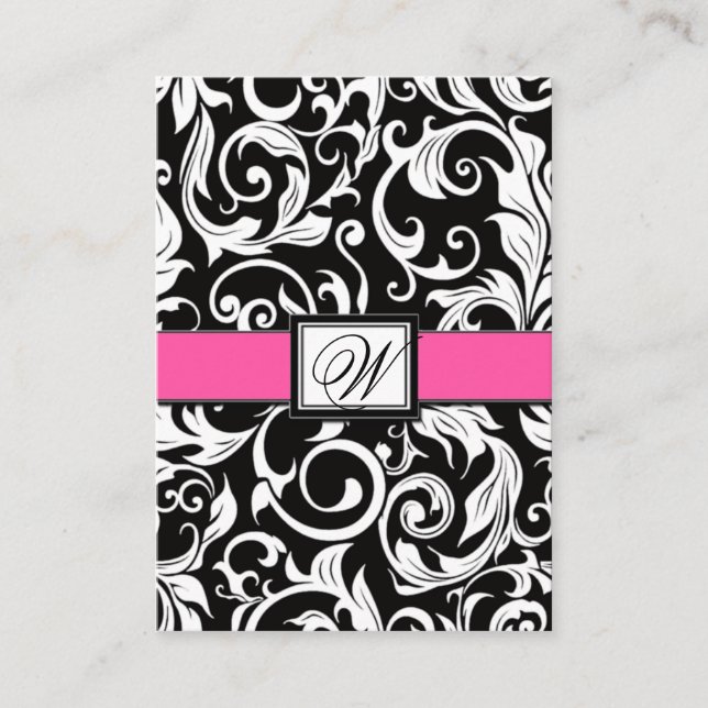 Hot Pink & Black Damask Wedding Reception Cards (Front)