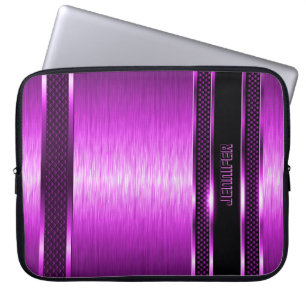 Hot Pink & Black Design Brushed Aluminum Look Laptop Sleeve