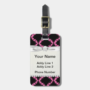 hot pink black diamond mod damask luggage tag