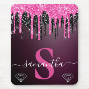 Hot Pink & Black Dripping Glitter Monogram Mouse Pad