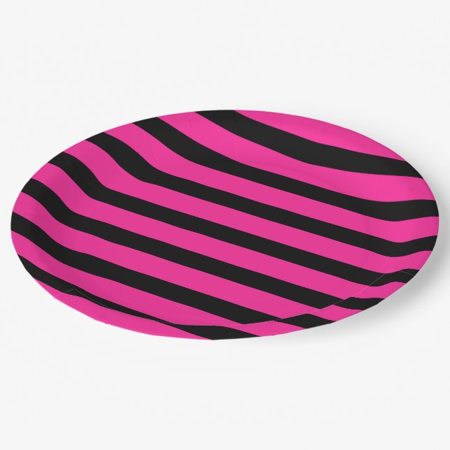 Hot Pink & Black Fashion Stripe Stripes Party Paper Plate (Angled)