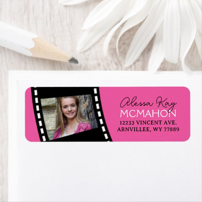 Hot Pink & Black Filmstrip Photo Return Address (Insitu)