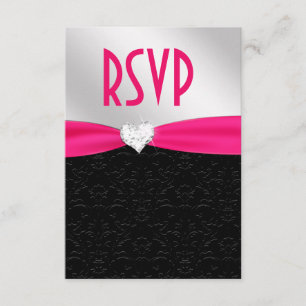 Hot Pink Black Floral Damask Diamond Heart RSVP Card