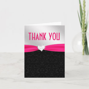 Hot Pink Black Floral Damask Diamond Thank You Card