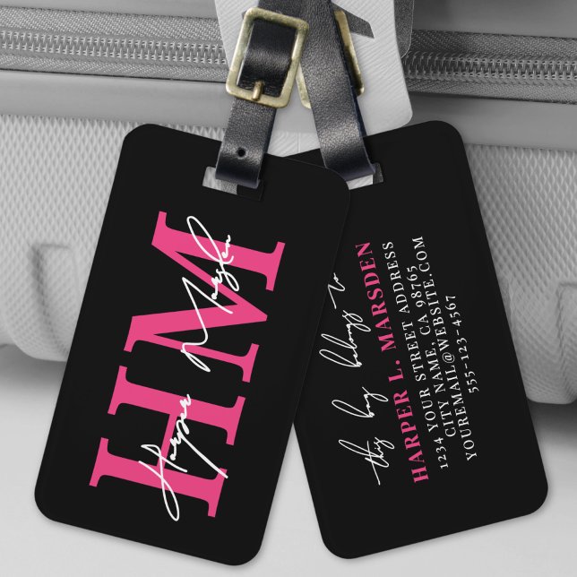 Hot Pink Black Girly Monogram Name Luggage Tag (Hot Pink Black Girly Monogram Name Luggage Tag)