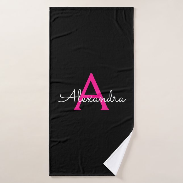 Hot Pink Black Girly Script Monogram Name Bath Towel (Bath Towel)